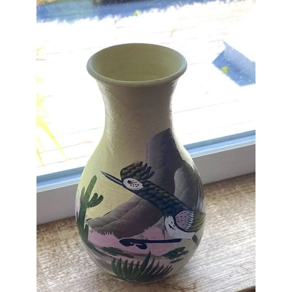2007 Southwestern Roadrunner Cactus Painted Yellow Vase Signed